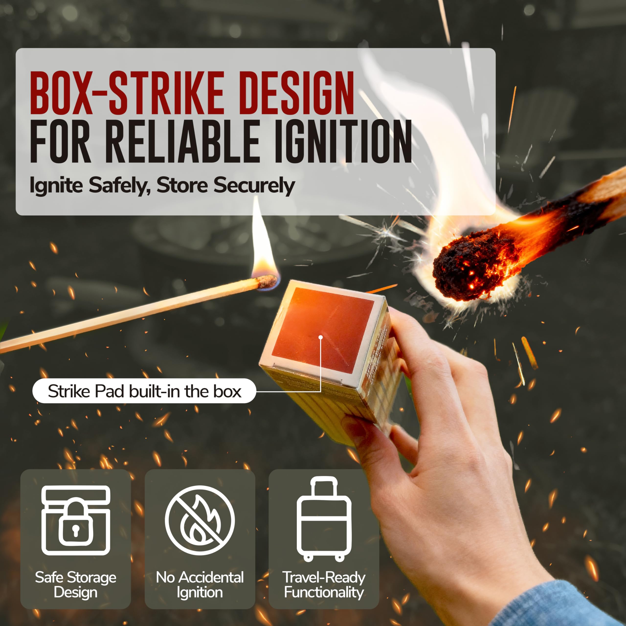 11-Inch Extra Long Wooden Safety Matches (1 Pack) - Ideal for Lighting Fireplace, Candles, Grills & Camping Firepits - Strike on Box - Heavy Duty Long Matches for Fireplace - 50 Count - Image 3