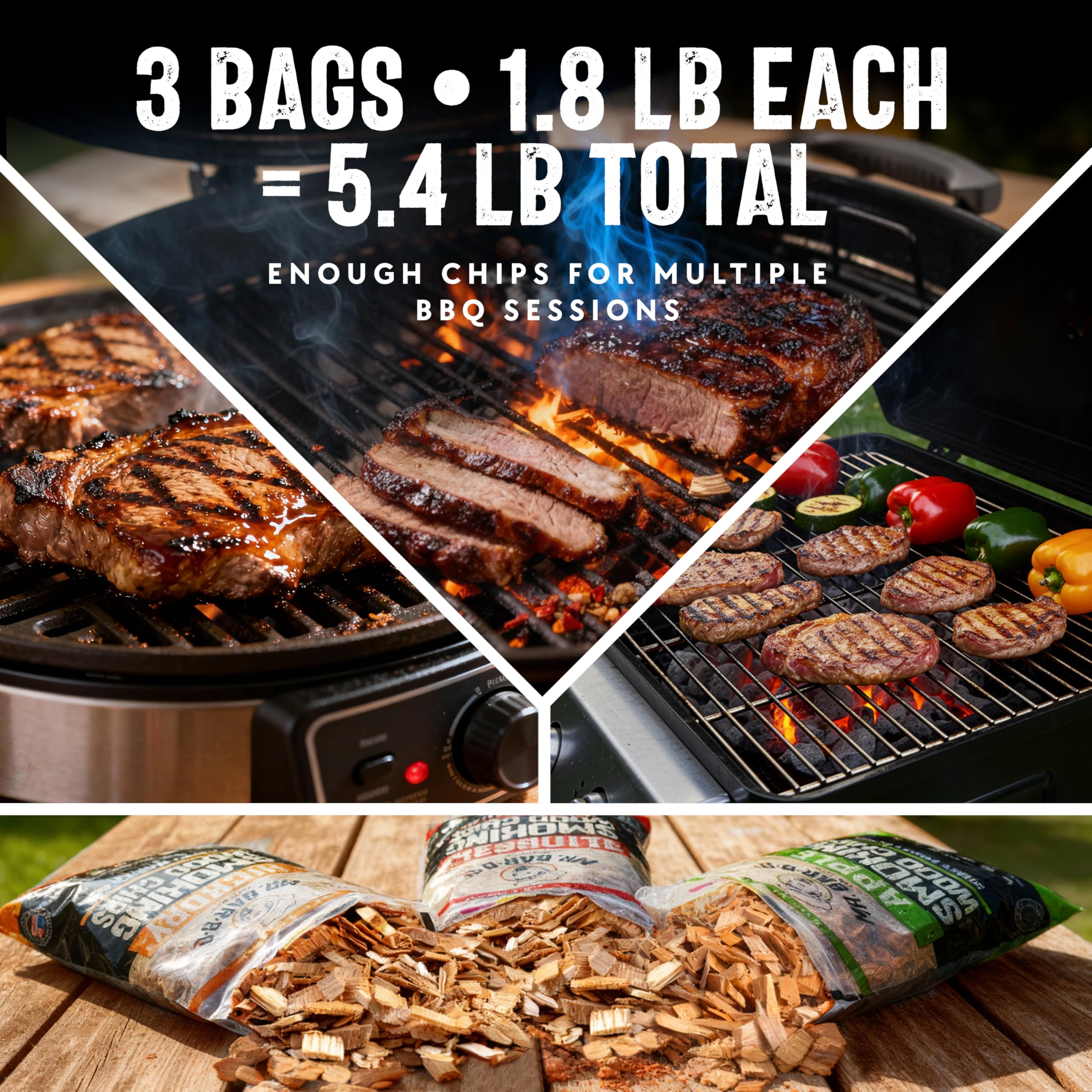 Wood Smoker Chips Bundle of 3 Flavors - Apple, Mesquite & Hickory Wood Chips by Mr. Bar-B-Q, Can be Used on Gas & Charcoal Grill, Variety of Flavors for Smokers, Grilling, BBQ, Camping(3 x 1.8 Lb Bag) - Image 5